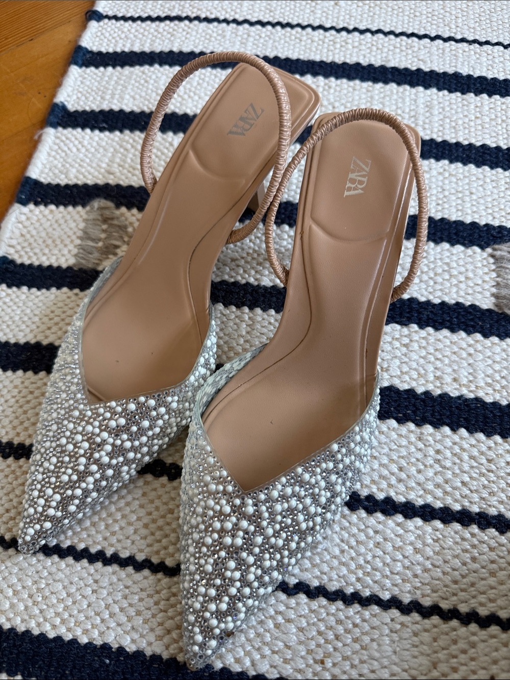 ZARA Silver Pearl-Embellished Pointed Slingback Heels